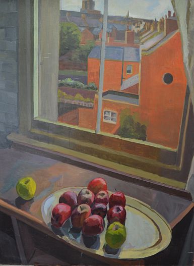 Apples on the edge, painting by John Morton